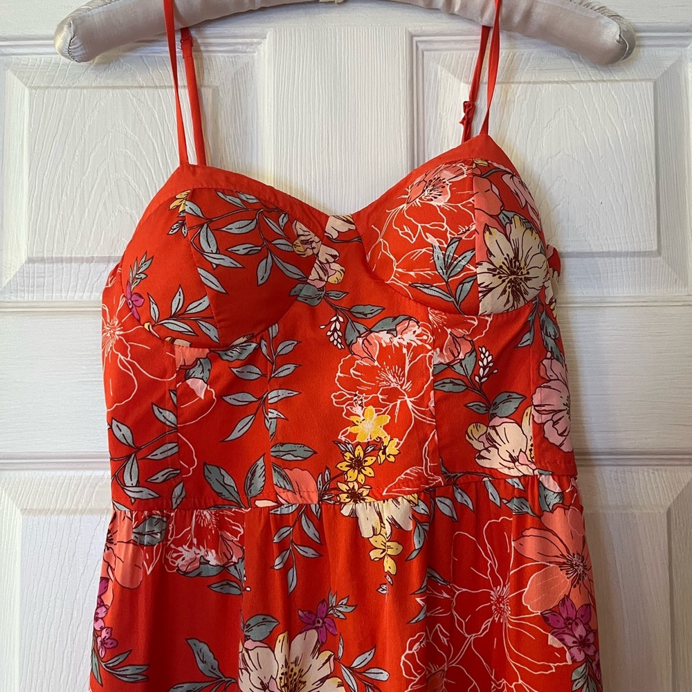 Boho Hawaiian Red Floral Sundress Tropical Maxi Long BOG Collective Fitted - Picture 3 of 5